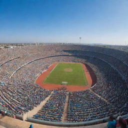 A wide-angle view capturing the architectural beauty of various African stadiums filled with vibrant cheering crowds, under a clear blue sky.