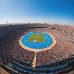 A wide-angle view capturing the architectural beauty of various African stadiums filled with vibrant cheering crowds, under a clear blue sky.