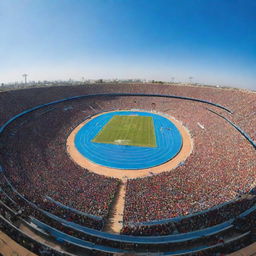 A wide-angle view capturing the architectural beauty of various African stadiums filled with vibrant cheering crowds, under a clear blue sky.