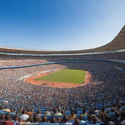 A wide-angle view capturing the architectural beauty of various African stadiums filled with vibrant cheering crowds, under a clear blue sky.