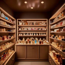 Cozy boutique perfume shop, 10 feet wide, 3 feet in length, with vintage wooden shelves, luxurious perfume bottles, soft ambient lighting, and a chic aesthetic.