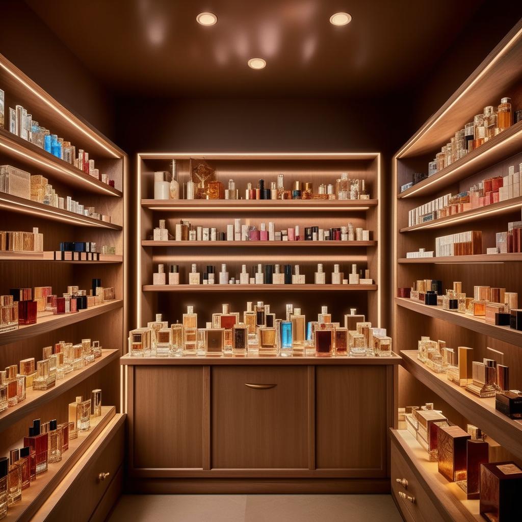 Cozy boutique perfume shop, 10 feet wide, 3 feet in length, with vintage wooden shelves, luxurious perfume bottles, soft ambient lighting, and a chic aesthetic.