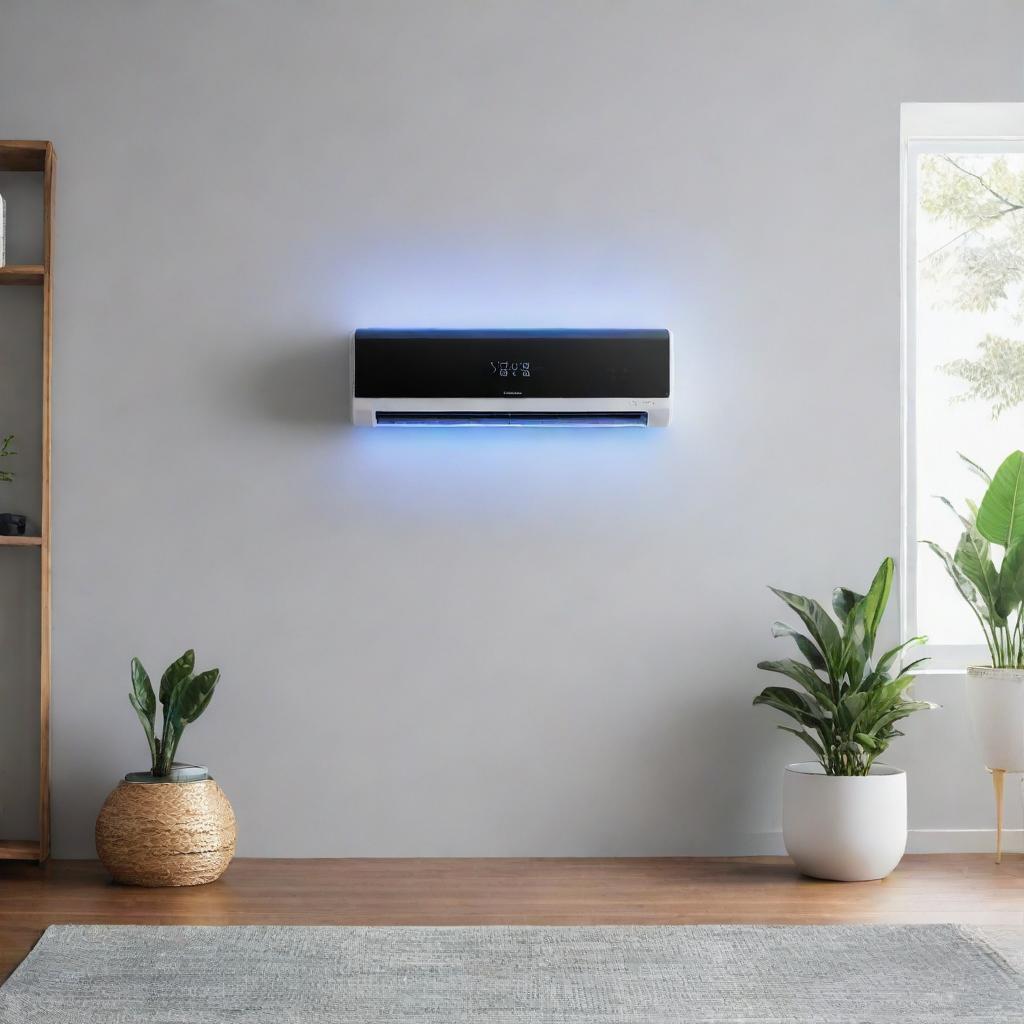 A sleek, ultra-modern air conditioner with futuristic design elements such as touch-sensitive controls, holographic displays and incorporated AI technology.