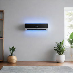 A sleek, ultra-modern air conditioner with futuristic design elements such as touch-sensitive controls, holographic displays and incorporated AI technology.