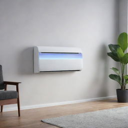 A sleek, ultra-modern air conditioner with futuristic design elements such as touch-sensitive controls, holographic displays and incorporated AI technology.