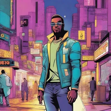 In the comic book, the main character explores the vibrant nightlife of a futuristic city.