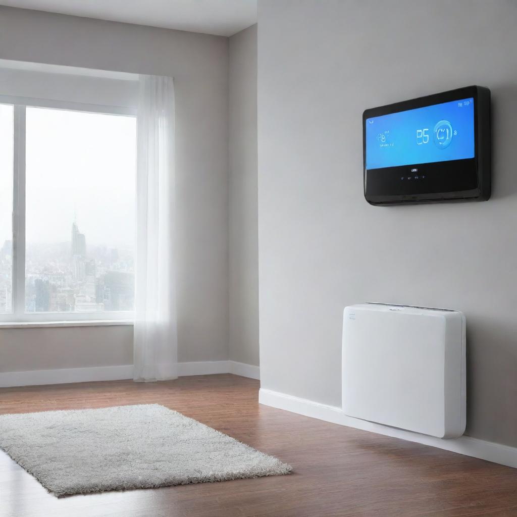 A sleek, ultra-modern air conditioner with futuristic design elements such as touch-sensitive controls, holographic displays and incorporated AI technology.