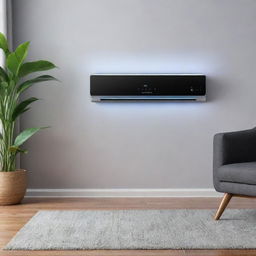 A sleek, ultra-modern air conditioner with futuristic design elements such as touch-sensitive controls, holographic displays and incorporated AI technology.