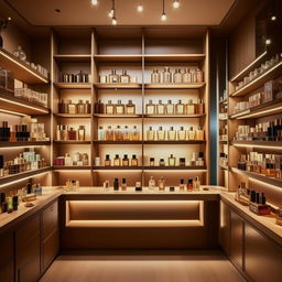 Cozy boutique perfume shop, 10 feet wide, 3 feet in length, with vintage wooden shelves, luxurious perfume bottles, soft ambient lighting, and a chic aesthetic.