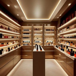 Concise perfume shop interior, 10 feet width, 3 feet length, showcasing streamlined shelving filled with designer fragrance bottles, ambient lighting, and an intimate shopping experience atmosphere.