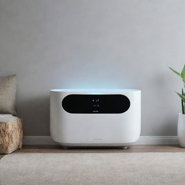 A sleek and slim, oval-shaped air conditioner featuring an interactive touchscreen interface, embellished with glowing LED lights.