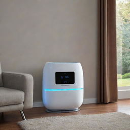 A sleek and slim, oval-shaped air conditioner featuring an interactive touchscreen interface, embellished with glowing LED lights.