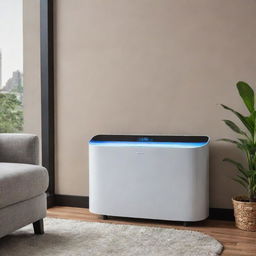 A sleek and slim, oval-shaped air conditioner featuring an interactive touchscreen interface, embellished with glowing LED lights.