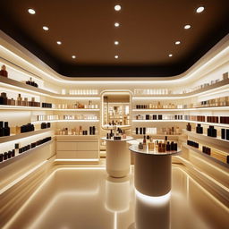 Concise perfume shop interior, 10 feet width, 3 feet length, showcasing streamlined shelving filled with designer fragrance bottles, ambient lighting, and an intimate shopping experience atmosphere.