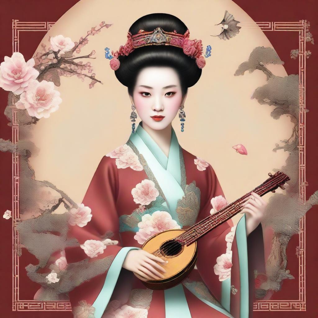 This high-quality digital art displays an imperial consort from the Qing dynasty elegantly playing the Pipa