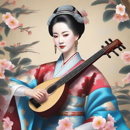 This high-quality digital art displays an imperial consort from the Qing dynasty elegantly playing the Pipa