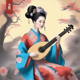 This high-quality digital art displays an imperial consort from the Qing dynasty elegantly playing the Pipa