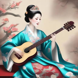 This high-quality digital art displays an imperial consort from the Qing dynasty elegantly playing the Pipa