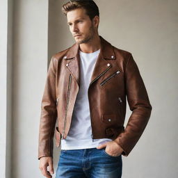 A stylish and detailed leather jacket displayed in natural light