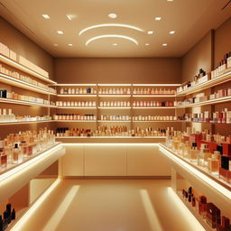 Concise perfume shop interior, 10 feet width, 3 feet length, showcasing streamlined shelving filled with designer fragrance bottles, ambient lighting, and an intimate shopping experience atmosphere.