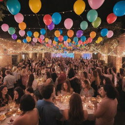 A vibrant party scene filled with colorful decorations, people dancing, a DJ playing lively music, balloons floating in air, and tables laden with delicious party food under twinkling fairy lights.