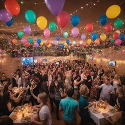 A vibrant party scene filled with colorful decorations, people dancing, a DJ playing lively music, balloons floating in air, and tables laden with delicious party food under twinkling fairy lights.