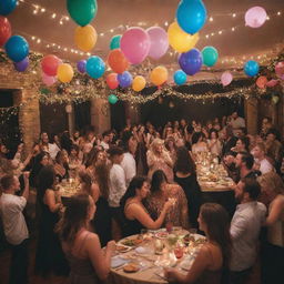 A vibrant party scene filled with colorful decorations, people dancing, a DJ playing lively music, balloons floating in air, and tables laden with delicious party food under twinkling fairy lights.