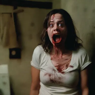 The terrified character in the horror movie bawled in fear as she witnessed the horrific murder scene.