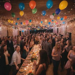 A vibrant party scene filled with colorful decorations, people dancing, a DJ playing lively music, balloons floating in air, and tables laden with delicious party food under twinkling fairy lights.