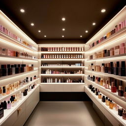Concise perfume shop interior, 10 feet width, 3 feet length, showcasing streamlined shelving filled with designer fragrance bottles, ambient lighting, and an intimate shopping experience atmosphere.