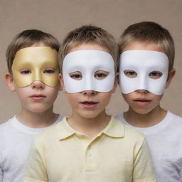 A young boy partially concealed behind three masks, each portraying a distinctive emotional expression: joy, sorrow, and surprise.