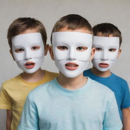 A young boy partially concealed behind three masks, each portraying a distinctive emotional expression: joy, sorrow, and surprise.