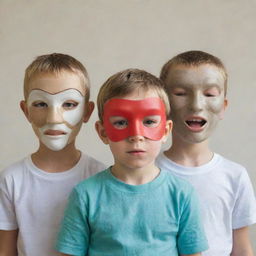 A young boy partially concealed behind three masks, each portraying a distinctive emotional expression: joy, sorrow, and surprise.