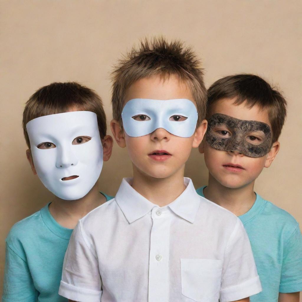 A young boy partially concealed behind three masks, each portraying a distinctive emotional expression: joy, sorrow, and surprise.