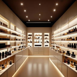 Concise perfume shop interior, 10 feet width, 3 feet length, showcasing streamlined shelving filled with designer fragrance bottles, ambient lighting, and an intimate shopping experience atmosphere.