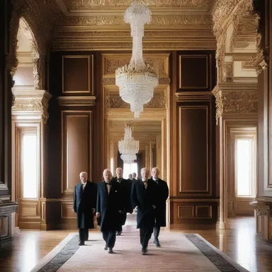 The grand foyer of the mansion was decorated with ornate moldings and a magnificent chandelier, while the distinguished gentlemen in morning coats mingled with the guests.