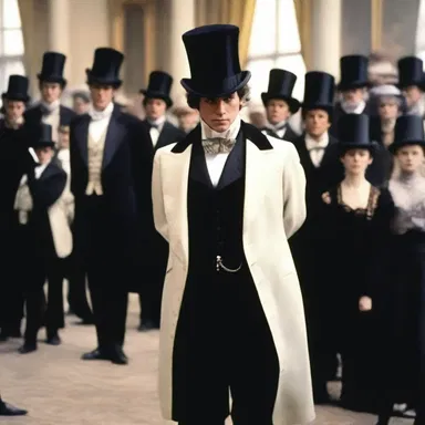 In the movie set in the 19th century, the protagonist attended a luxurious ball wearing a perfectly tailored morning coat with his top hat.
