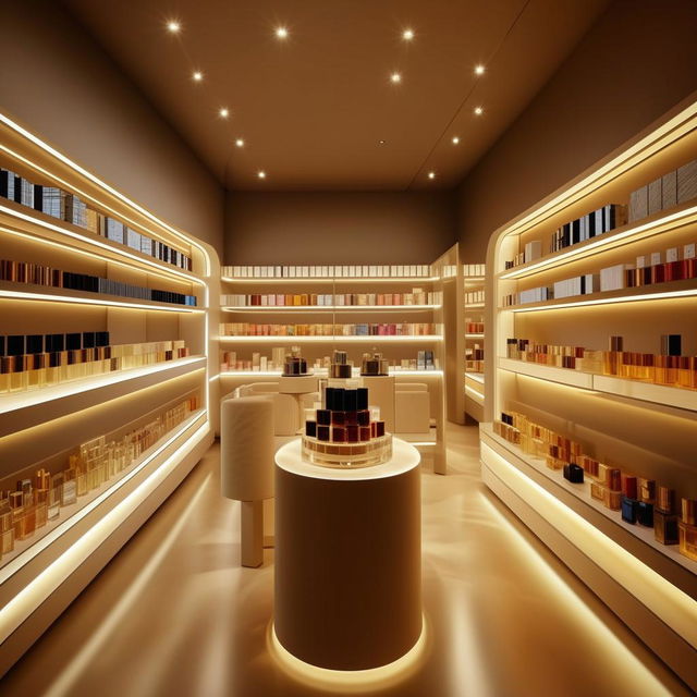 Concise perfume shop interior, 10 feet width, 3 feet length, showcasing streamlined shelving filled with designer fragrance bottles, ambient lighting, and an intimate shopping experience atmosphere.