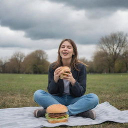 A cheerful girl sitting alone in a park, munching on a burger under a cloudy and windy sky.