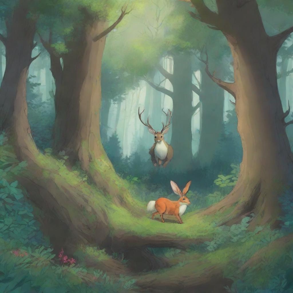 A digital art depicting a mysterious forest brimming with life