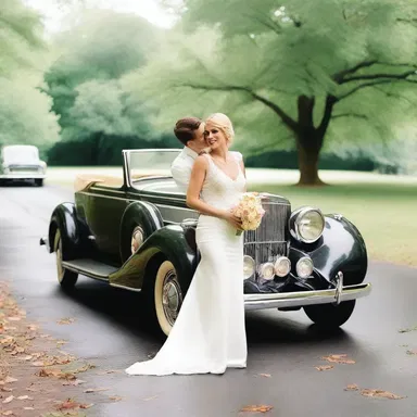 As the couple drove off in their vintage car, the klaxon sounded in celebration, creating a romantic and joyous atmosphere.