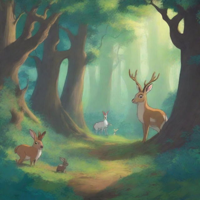 A digital art depicting a mysterious forest brimming with life