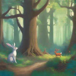 A digital art depicting a mysterious forest brimming with life