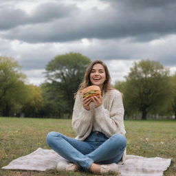 A cheerful girl sitting alone in a park, munching on a burger under a cloudy and windy sky.