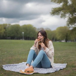 A cheerful girl sitting alone in a park, munching on a burger under a cloudy and windy sky.