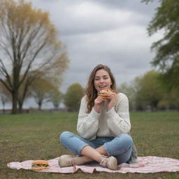 A cheerful girl sitting alone in a park, munching on a burger under a cloudy and windy sky.