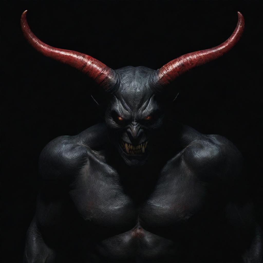 A menacing figure of a devil, entirely in black, with sharp horns, piercing red eyes, and a sinuous tail against a dark backdrop