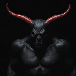 A menacing figure of a devil, entirely in black, with sharp horns, piercing red eyes, and a sinuous tail against a dark backdrop