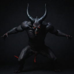 A menacing figure of a devil, entirely in black, with sharp horns, piercing red eyes, and a sinuous tail against a dark backdrop