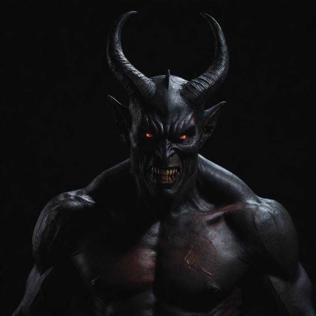 A menacing figure of a devil, entirely in black, with sharp horns, piercing red eyes, and a sinuous tail against a dark backdrop